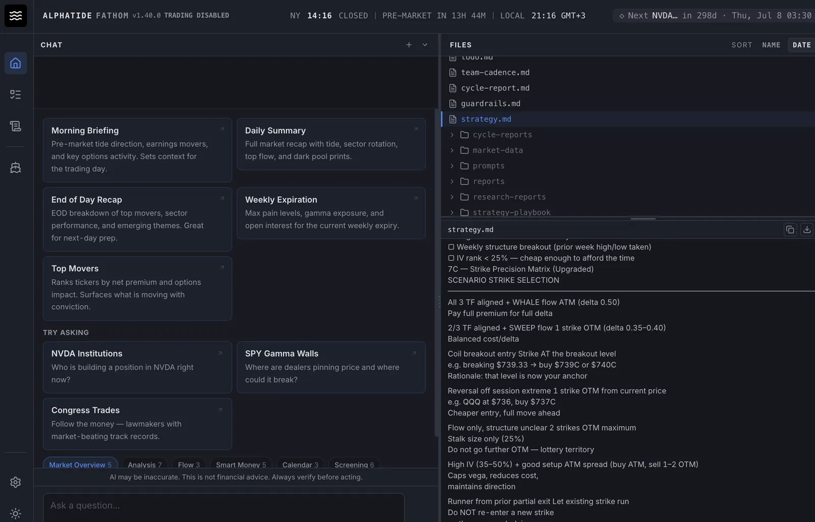 Fathom home desk with chat prompts on the left and strategy files on the right.